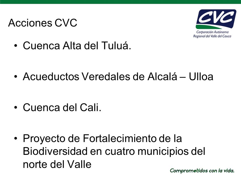 Acciones CVC Cuenca Alta del Tuluá. Acueductos Veredales de Alcalá – Ulloa. Cuenca del Cali.