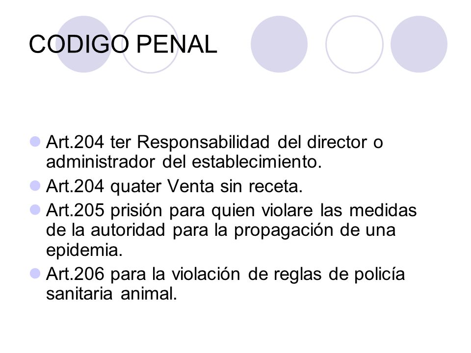 CODIGO PENAL Art.204 ter Responsabilidad del director o administrador del establecimiento. Art.204 quater Venta sin receta.