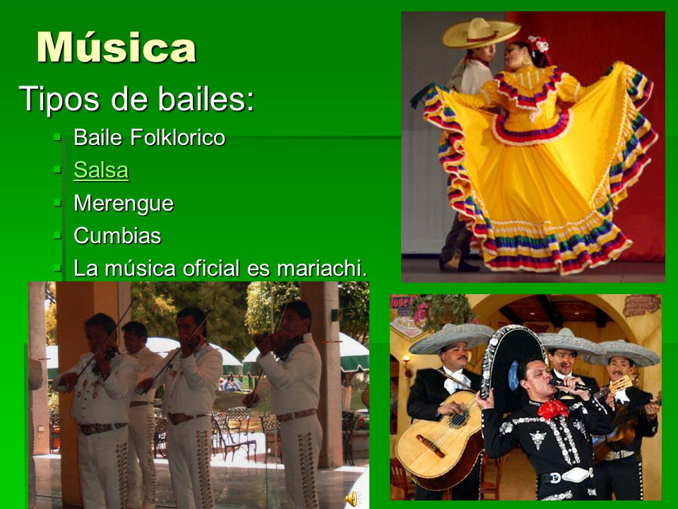 Música Tipos de bailes: Baile Folklorico Salsa Merengue Cumbias