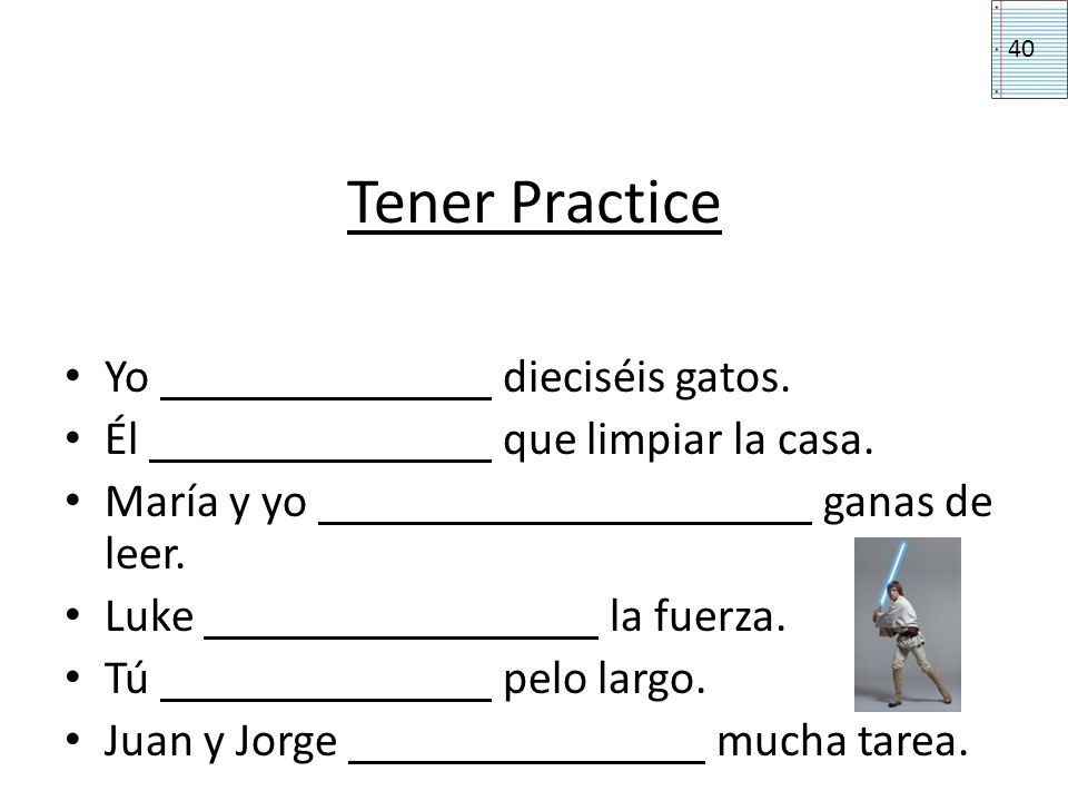 Tener Practice Yo dieciséis gatos. Él que limpiar la casa.