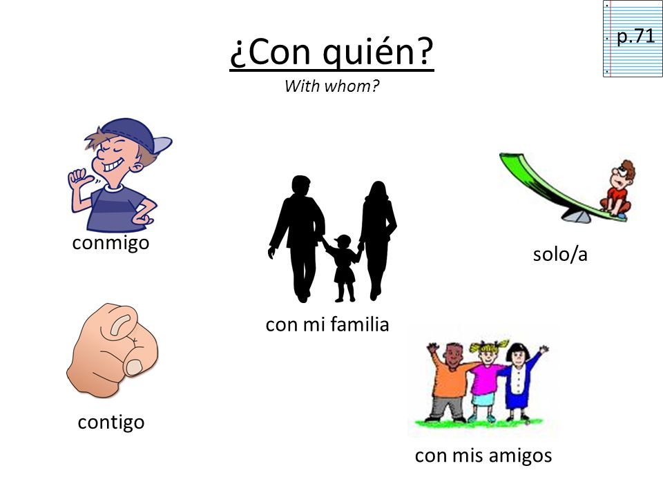 ¿Con quién With whom p.71 conmigo solo/a con mi familia contigo