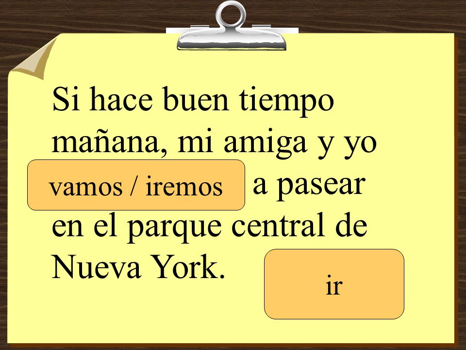 Si hace buen tiempo mañana, mi amiga y yo ___________ a pasear en el parque central de Nueva York.
