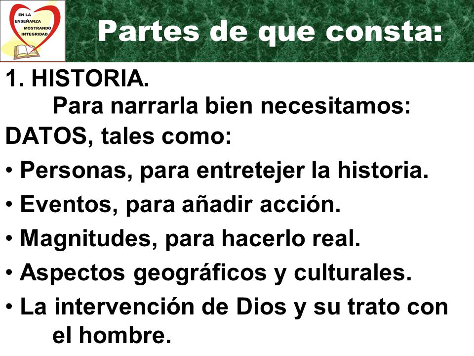 Partes de que consta: 1. HISTORIA. Para narrarla bien necesitamos: