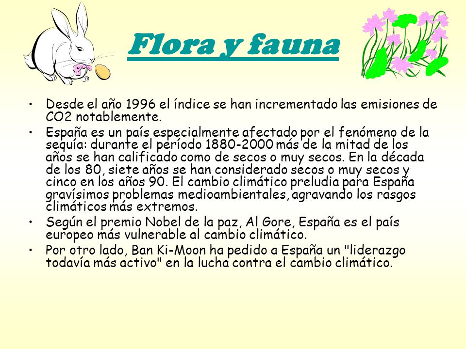 Flora y fauna Desde el año 1996 el índice se han incrementado las emisiones de CO2 notablemente.