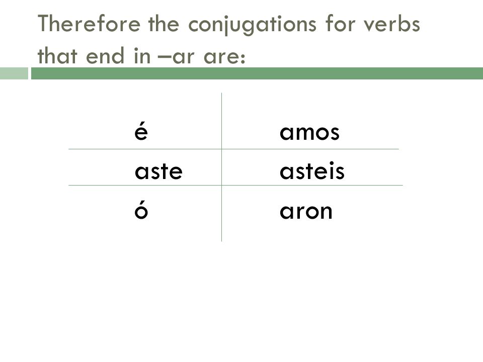 Therefore the conjugations for verbs that end in –ar are: