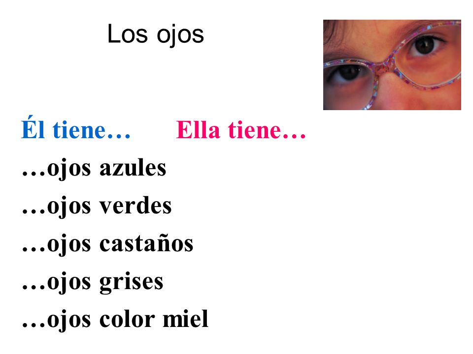 Los ojos Él tiene… Ella tiene… …ojos azules. …ojos verdes.