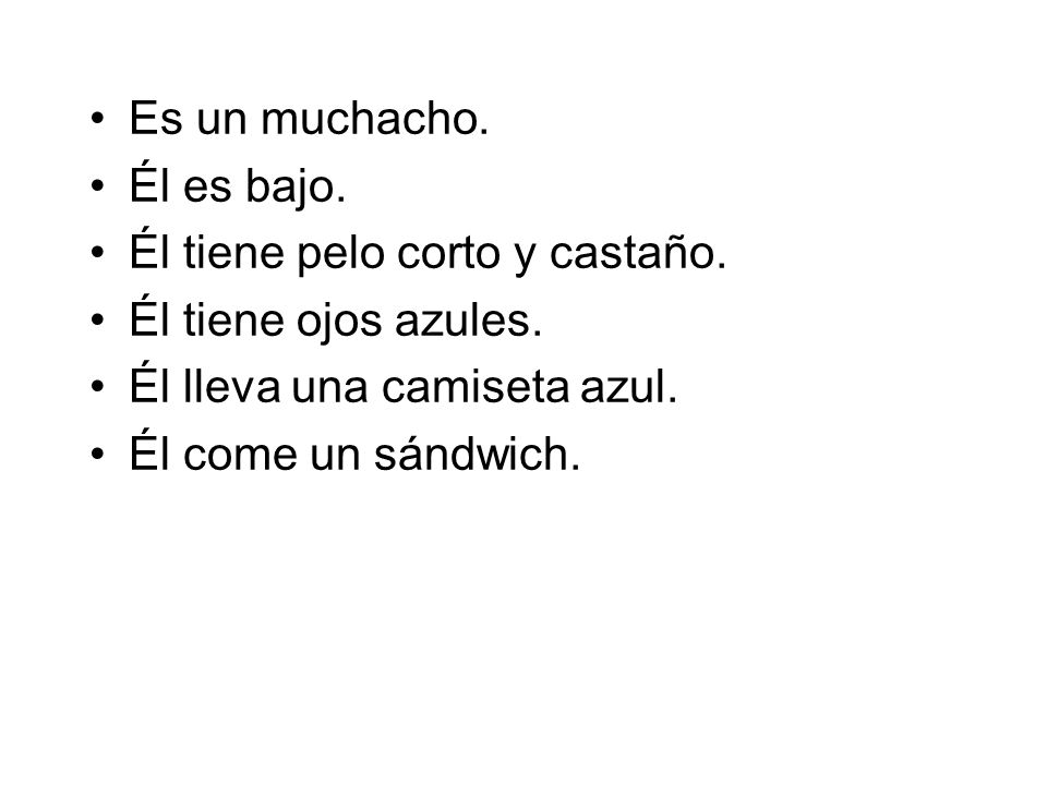 Es un muchacho. Él es bajo. Él tiene pelo corto y castaño. Él tiene ojos azules. Él lleva una camiseta azul.