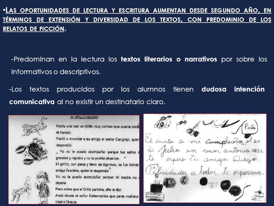 Las oportunidades de lectura y escritura aumentan desde segundo año, en términos de extensión y diversidad de los textos, con predominio de los relatos de ficción.