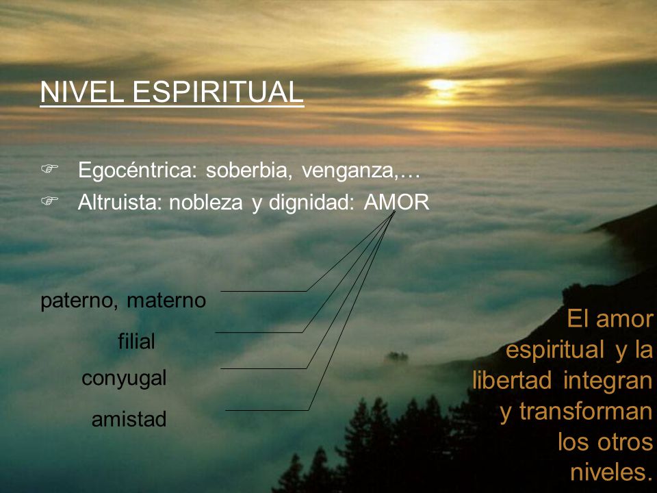 NIVEL ESPIRITUAL Egocéntrica: soberbia, venganza,… Altruista: nobleza y dignidad: AMOR. paterno, materno.