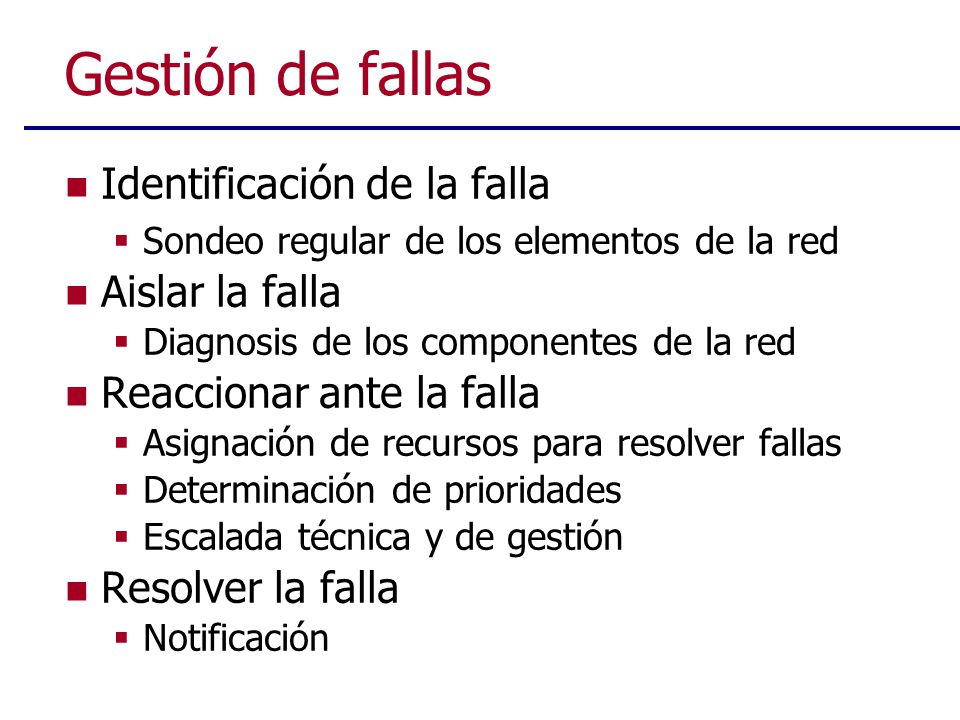 Gestión de fallas Identificación de la falla Aislar la falla