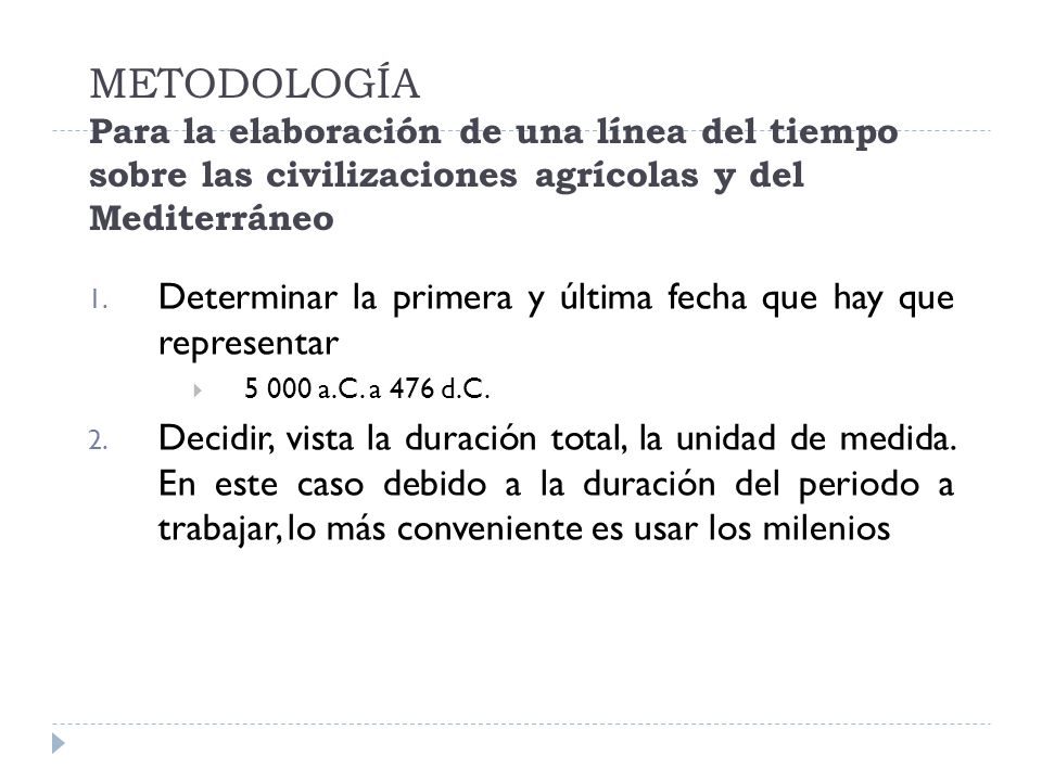 METODOLOGÍA Para la elaboración de una línea del tiempo sobre las civilizaciones agrícolas y del Mediterráneo