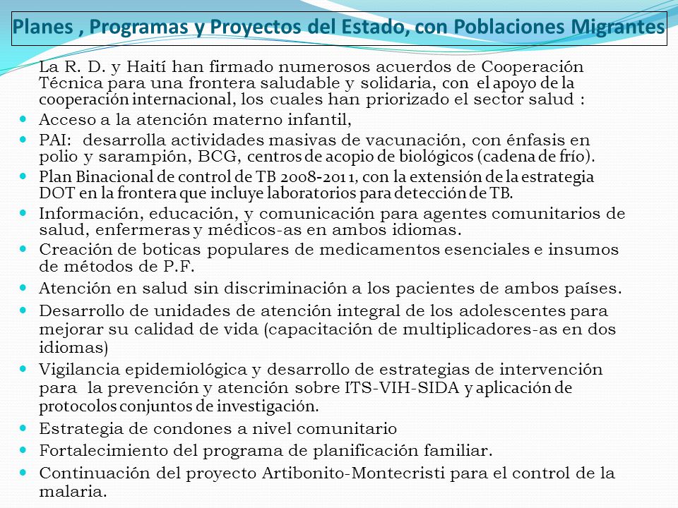 Planes , Programas y Proyectos del Estado, con Poblaciones Migrantes
