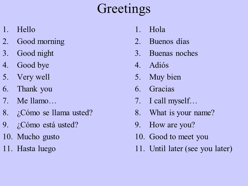 Greetings Hello Good morning Good night Good bye Very well Thank you