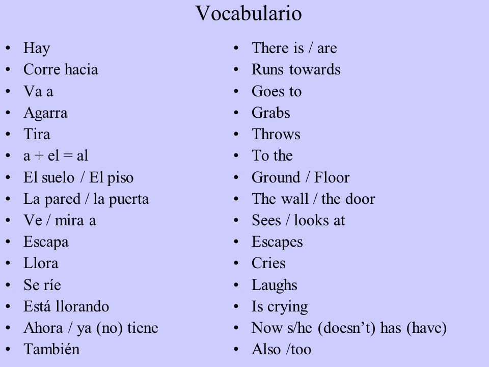 Vocabulario Hay Corre hacia Va a Agarra Tira a + el = al
