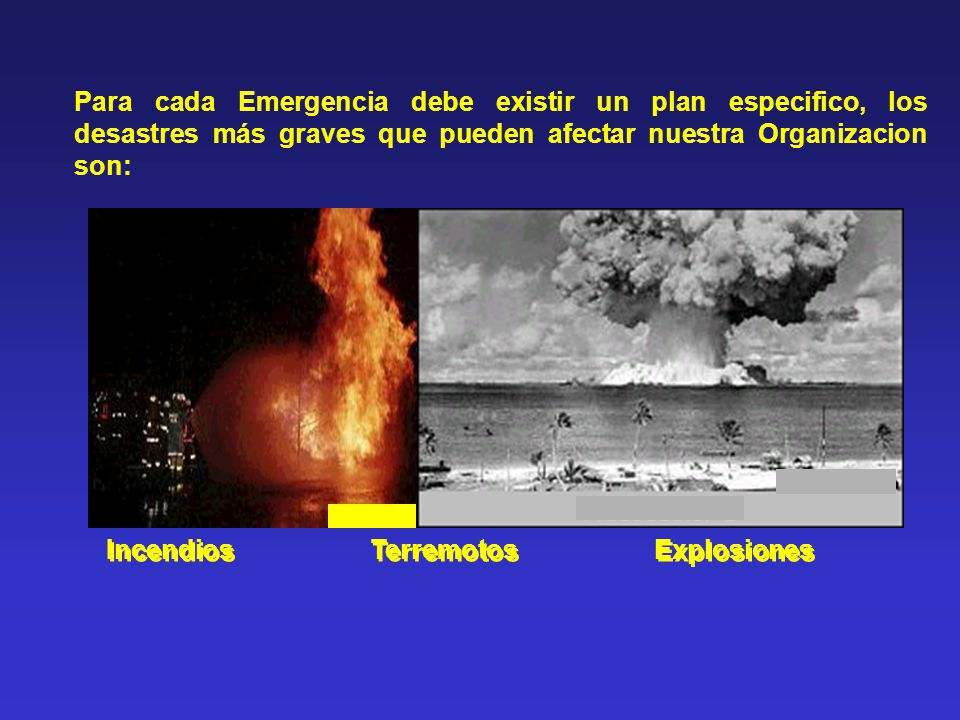 Para cada Emergencia debe existir un plan especifico, los desastres más graves que pueden afectar nuestra Organizacion son: