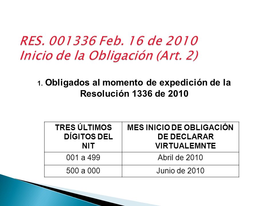 RES Feb. 16 de 2010 Inicio de la Obligación (Art. 2)