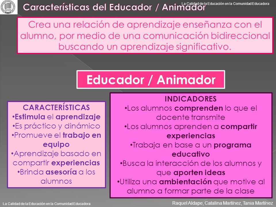 Educador / Animador Características del Educador / Animador