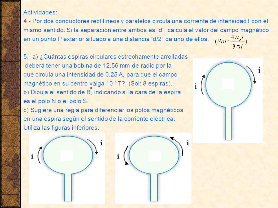Actividades: 4.- Por dos conductores rectilíneos y paralelos circula una corriente de intensidad I con el.