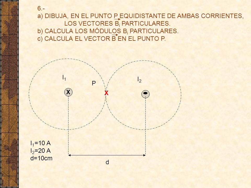 6.- a) DIBUJA, EN EL PUNTO P EQUIDISTANTE DE AMBAS CORRIENTES, LOS VECTORES Bi PARTICULARES. b) CALCULA LOS MÓDULOS Bi PARTICULARES.