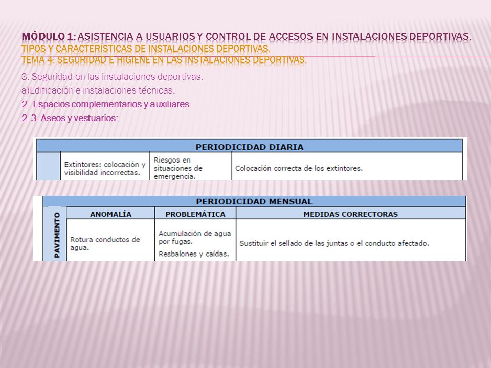 MÓDULO 1: Asistencia a usuarios y control de accesos en instalaciones deportivas. Tipos y características de instalaciones deportivas. Tema 4: Seguridad e higiene en las instalaciones deportivas.
