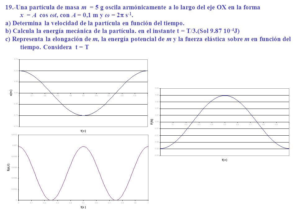 19.-Una partícula de masa m = 5 g oscila armónicamente a lo largo del eje OX en la forma x = A cos ωt, con A = 0,1 m y ω = 2p s-1.