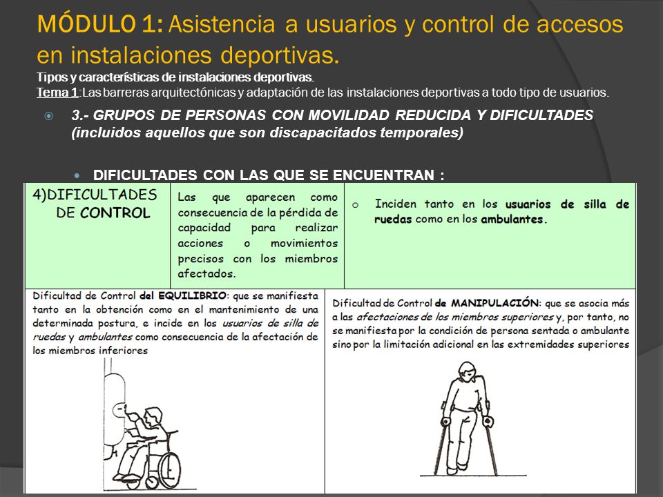 MÓDULO 1: Asistencia a usuarios y control de accesos en instalaciones deportivas. Tipos y características de instalaciones deportivas. Tema 1:Las barreras arquitectónicas y adaptación de las instalaciones deportivas a todo tipo de usuarios.
