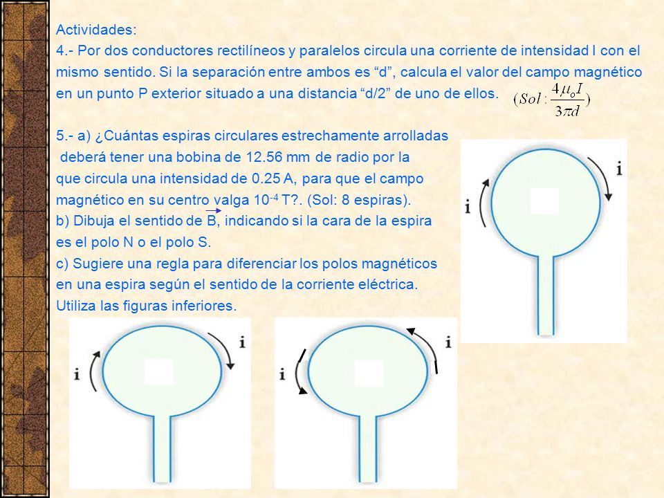 Actividades: 4.- Por dos conductores rectilíneos y paralelos circula una corriente de intensidad I con el.