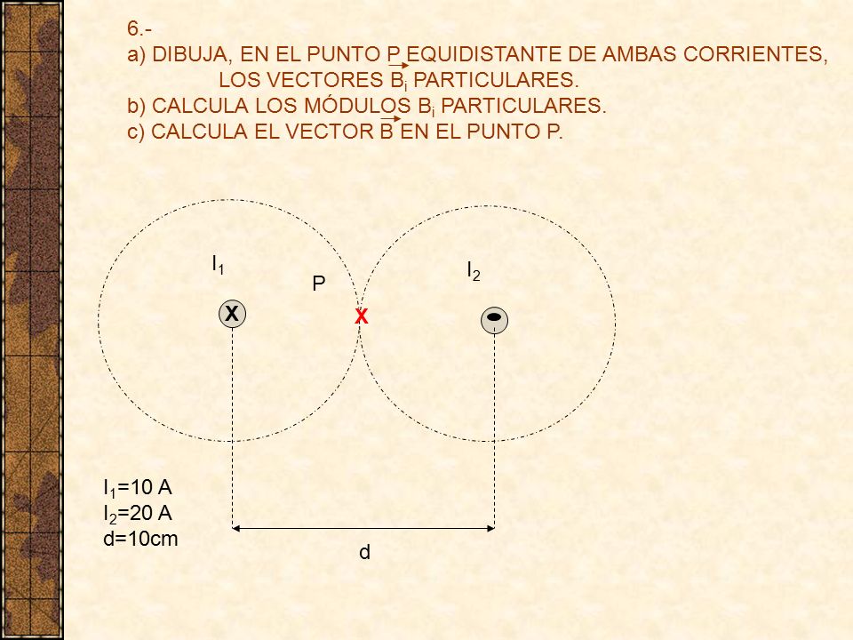 6.- a) DIBUJA, EN EL PUNTO P EQUIDISTANTE DE AMBAS CORRIENTES, LOS VECTORES Bi PARTICULARES. b) CALCULA LOS MÓDULOS Bi PARTICULARES.