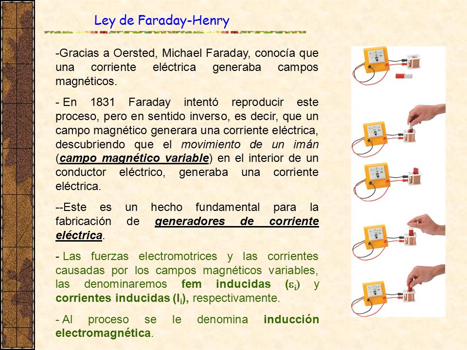 Ley de Faraday-Henry Gracias a Oersted, Michael Faraday, conocía que una corriente eléctrica generaba campos magnéticos.