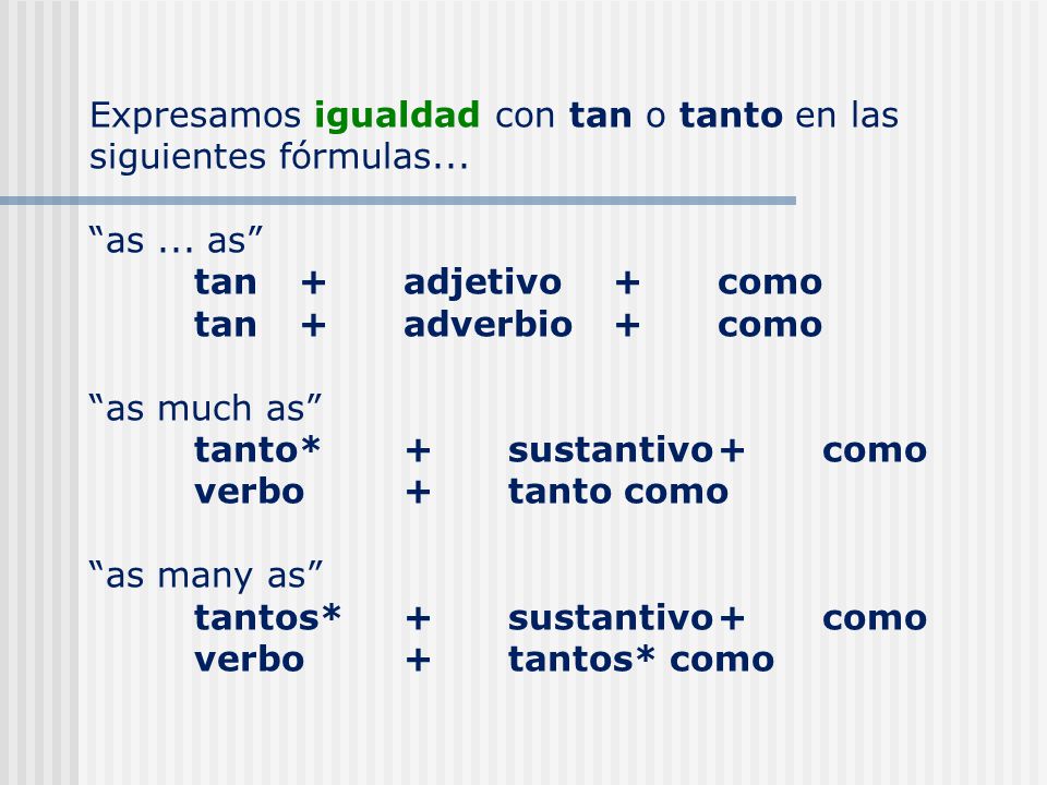 Expresamos igualdad con tan o tanto en las siguientes fórmulas...