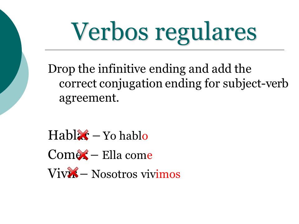 Verbos regulares Hablar – Yo hablo Comer – Ella come