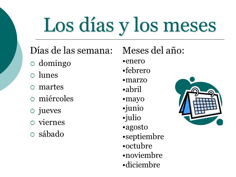 Los días y los meses Días de las semana: Meses del año: domingo lunes