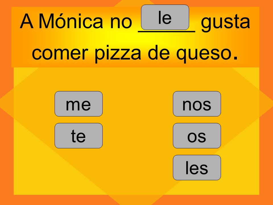 A Mónica no _____ gusta comer pizza de queso.