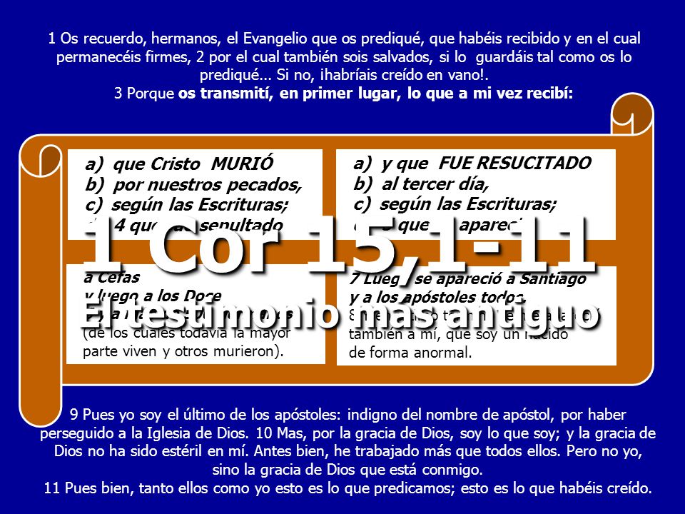 1 Cor 15,1-11 El testimonio más antiguo a) que Cristo MURIÓ
