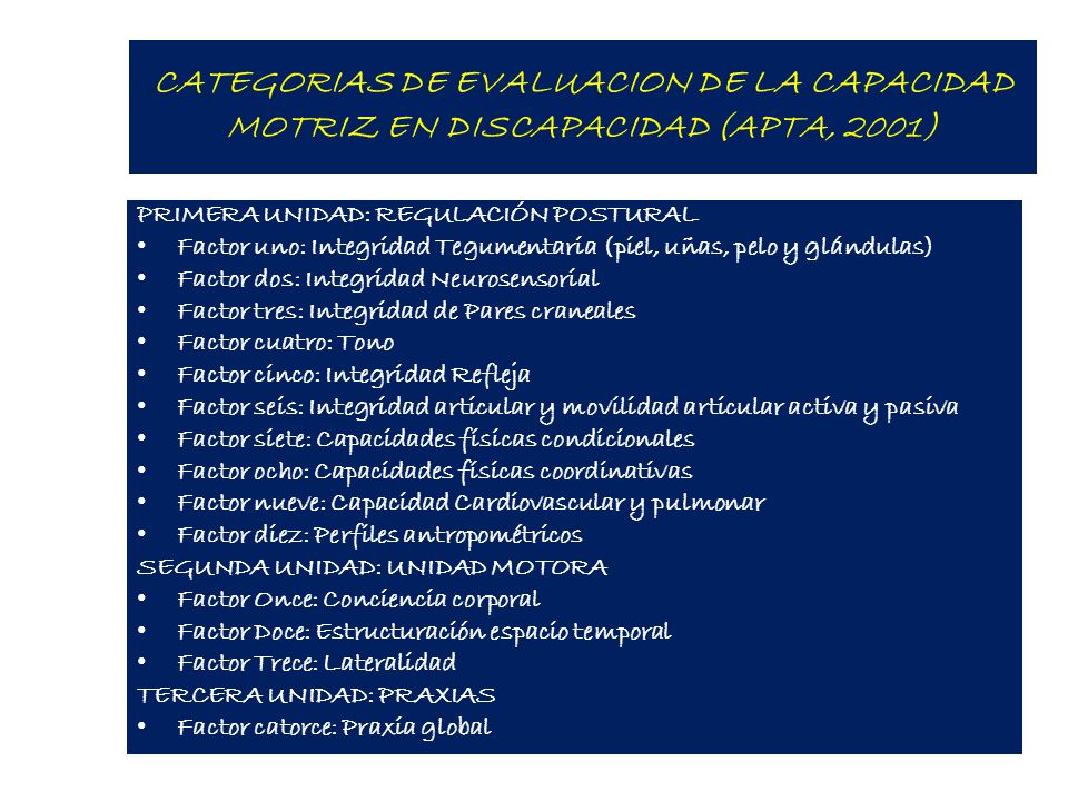 CATEGORIAS DE EVALUACION DE LA CAPACIDAD MOTRIZ EN DISCAPACIDAD (APTA, 2001)