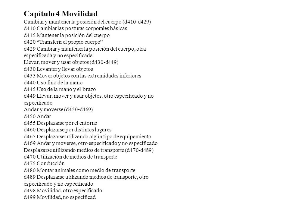 Capítulo 4 Movilidad Cambiar y mantener la posición del cuerpo (d410-d429) d410 Cambiar las posturas corporales básicas.