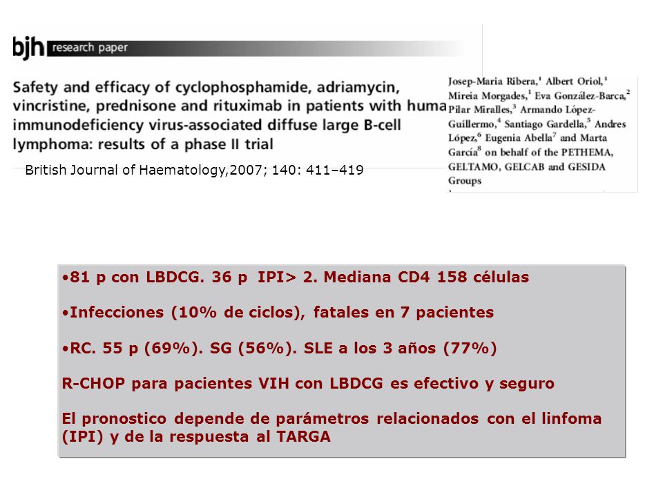 81 p con LBDCG. 36 p IPI> 2. Mediana CD4 158 células