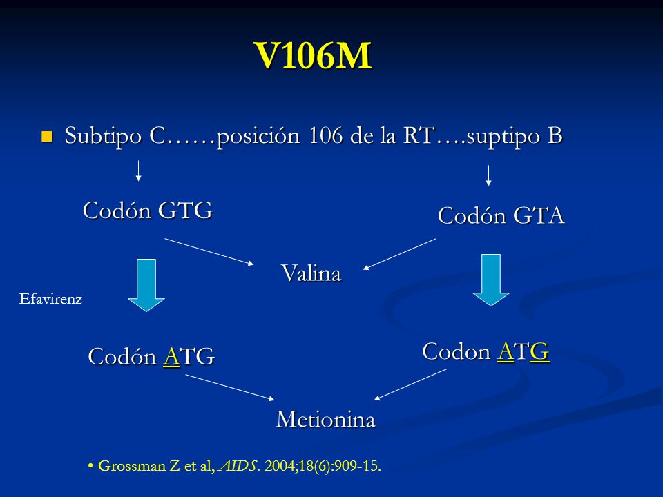 V106M Subtipo C……posición 106 de la RT….suptipo B Codón GTG Codón GTA