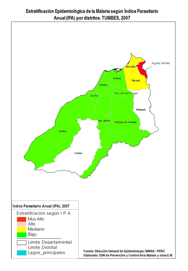 Estratificación Epidemiológica de la Malaria según Índice Parasitario Anual (IPA) por distritos. TUMBES, 2007