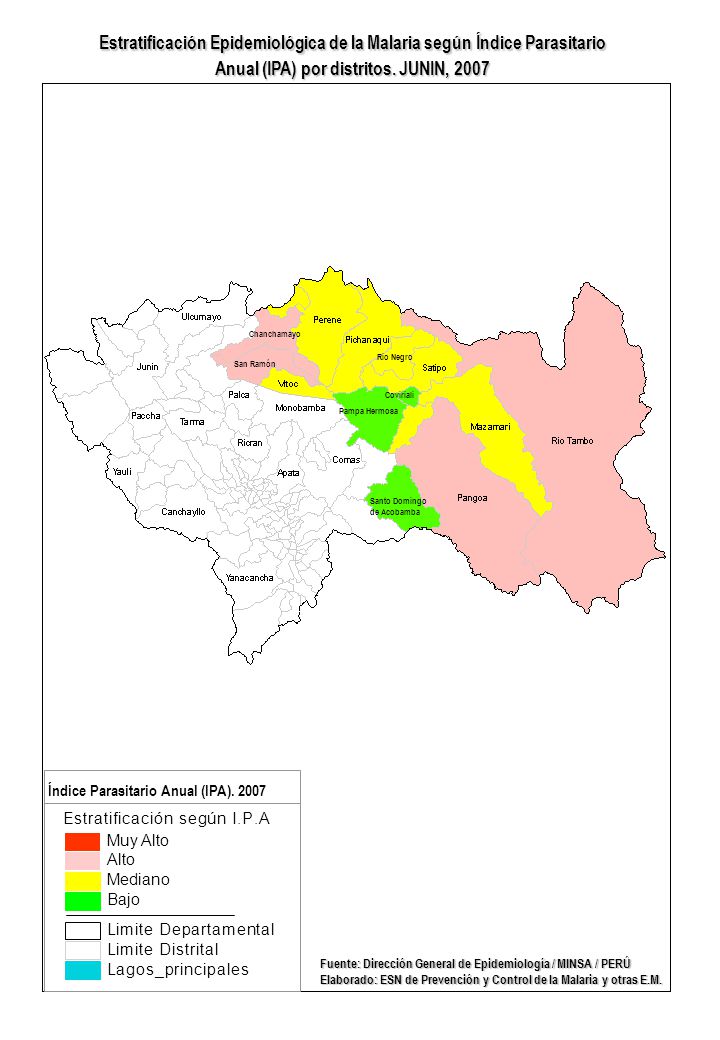 Estratificación Epidemiológica de la Malaria según Índice Parasitario Anual (IPA) por distritos. JUNIN, 2007