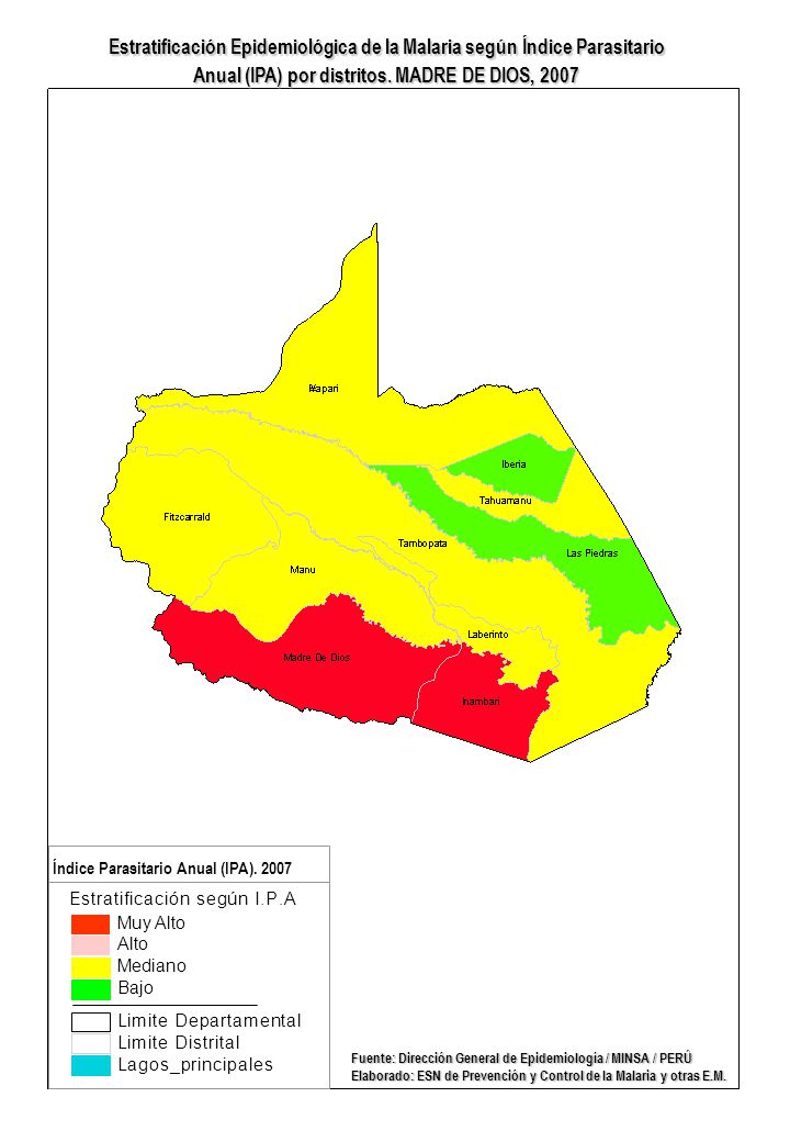 Estratificación Epidemiológica de la Malaria según Índice Parasitario Anual (IPA) por distritos. MADRE DE DIOS, 2007