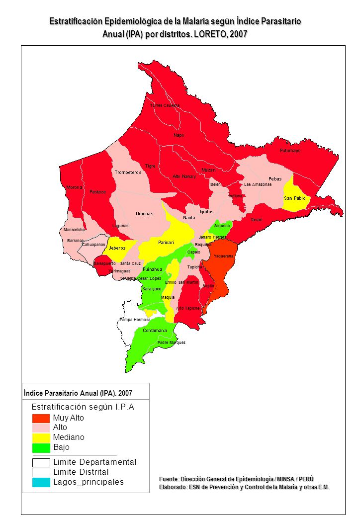 Estratificación Epidemiológica de la Malaria según Índice Parasitario Anual (IPA) por distritos. LORETO, 2007