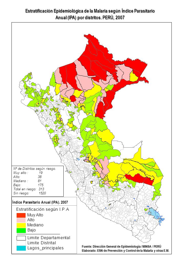 Estratificación Epidemiológica de la Malaria según Índice Parasitario Anual (IPA) por distritos. PERÚ, 2007
