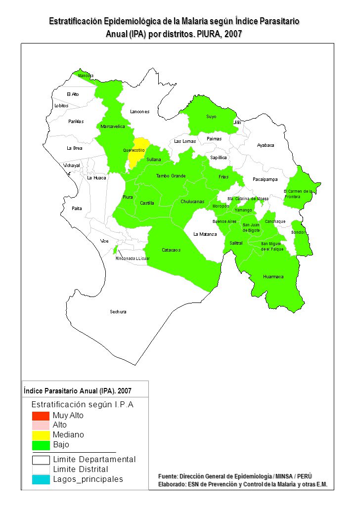 Estratificación Epidemiológica de la Malaria según Índice Parasitario Anual (IPA) por distritos. PIURA, 2007