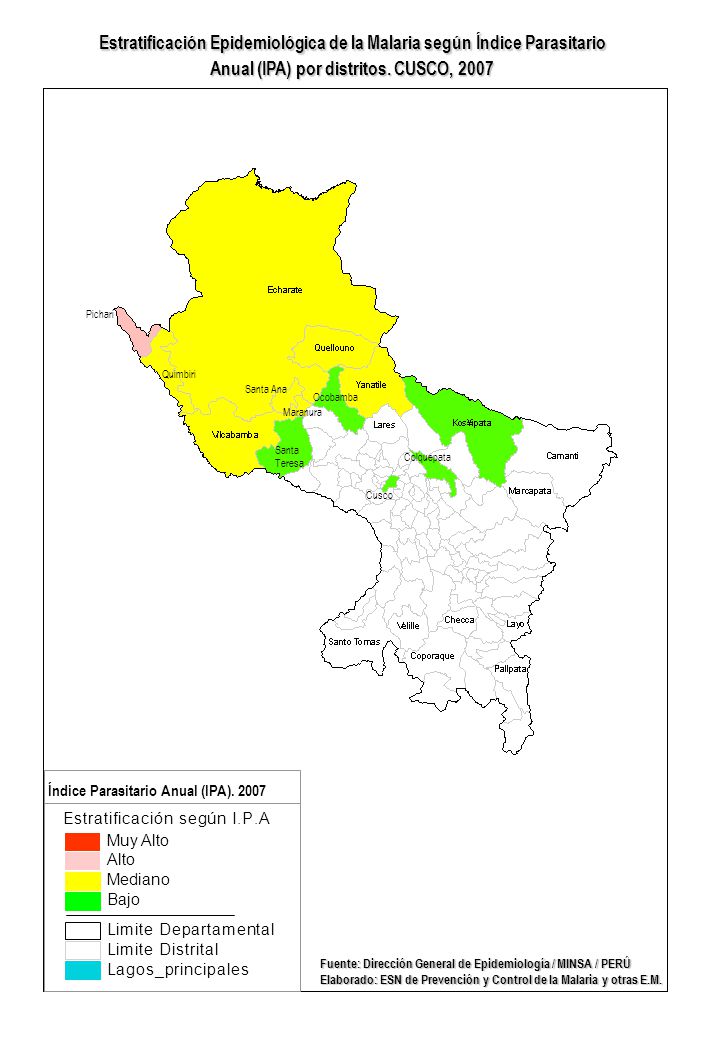 Estratificación Epidemiológica de la Malaria según Índice Parasitario Anual (IPA) por distritos. CUSCO, 2007
