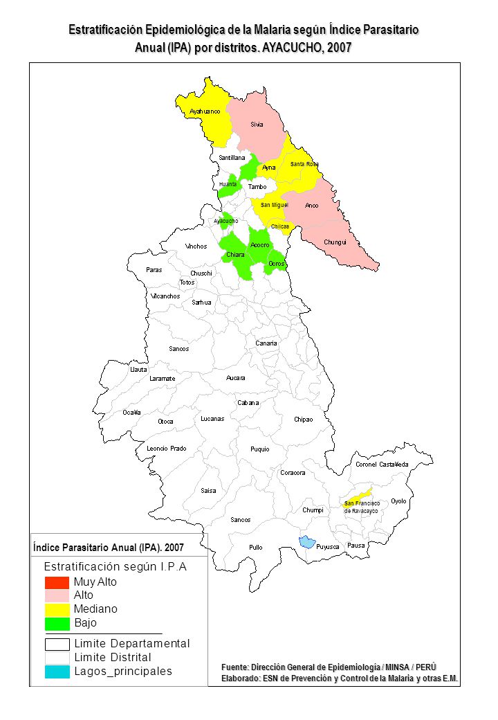 Estratificación Epidemiológica de la Malaria según Índice Parasitario Anual (IPA) por distritos. AYACUCHO, 2007