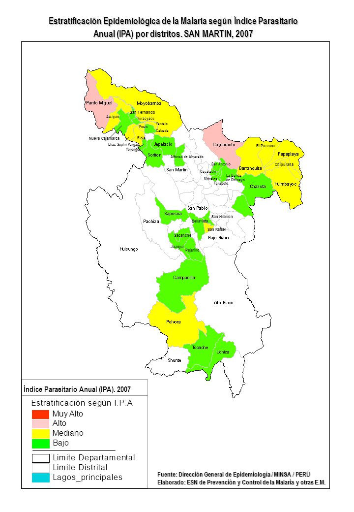 Estratificación Epidemiológica de la Malaria según Índice Parasitario Anual (IPA) por distritos. SAN MARTIN, 2007