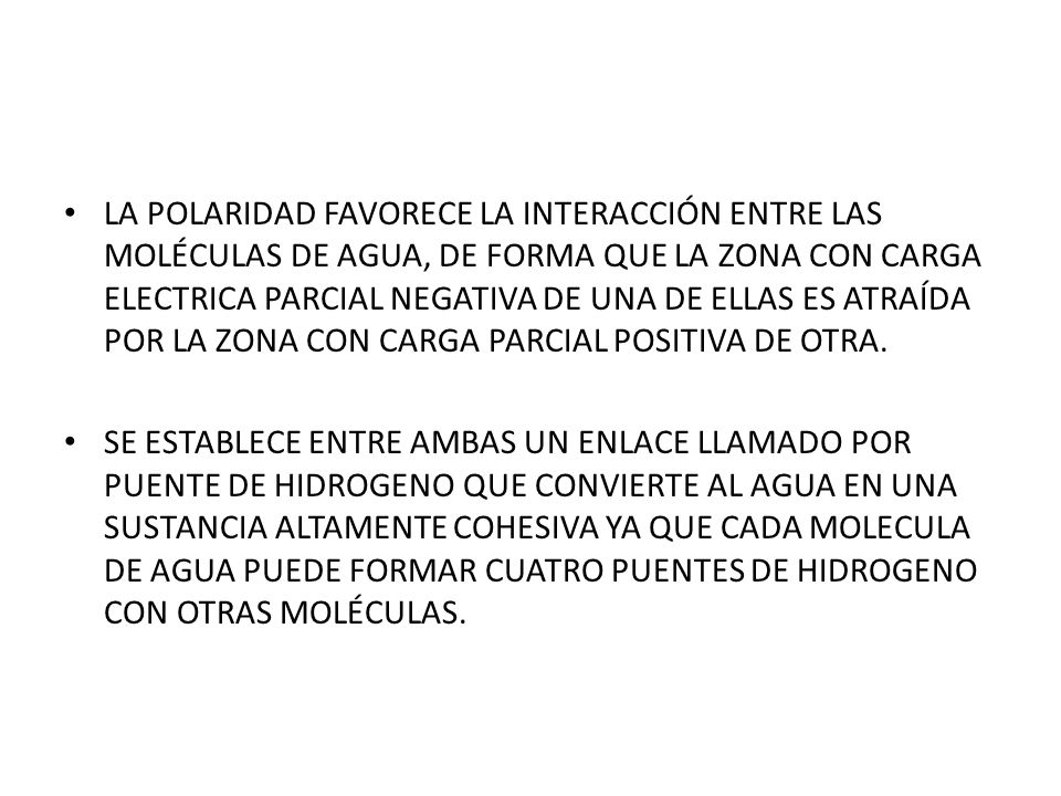LA POLARIDAD FAVORECE LA INTERACCIÓN ENTRE LAS MOLÉCULAS DE AGUA, DE FORMA QUE LA ZONA CON CARGA ELECTRICA PARCIAL NEGATIVA DE UNA DE ELLAS ES ATRAÍDA POR LA ZONA CON CARGA PARCIAL POSITIVA DE OTRA.