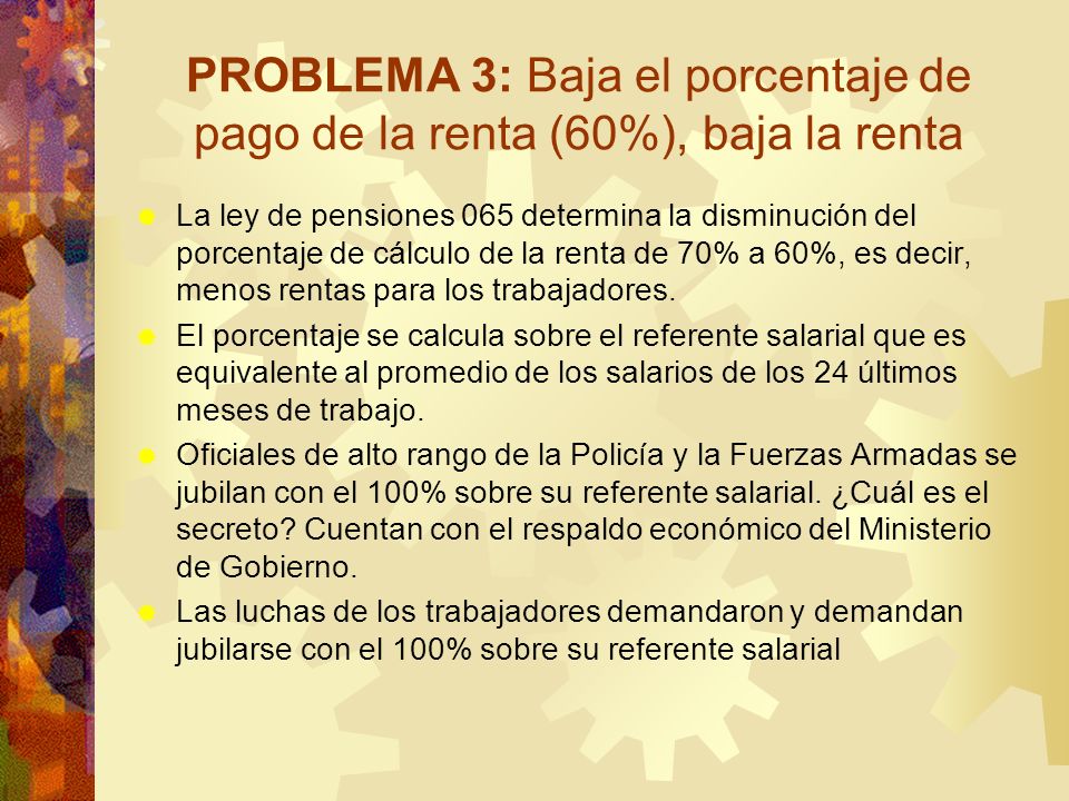 PROBLEMA 3: Baja el porcentaje de pago de la renta (60%), baja la renta