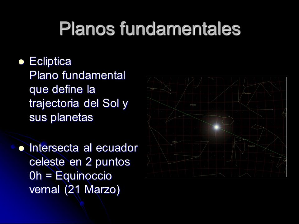 Planos fundamentales Ecliptica Plano fundamental que define la trajectoria del Sol y sus planetas.